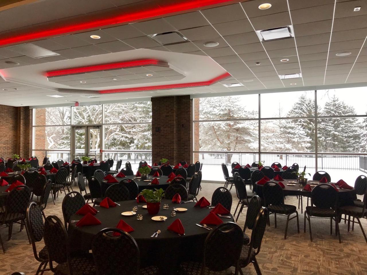 Fawcett center room decorated for an event in winter