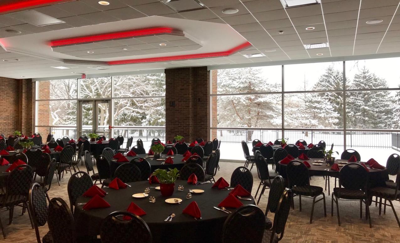 Fawcett center room decorated for an event in winter