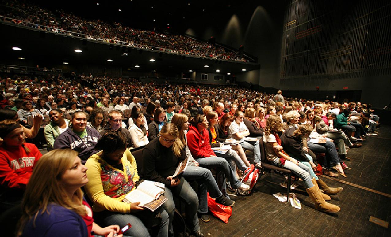 View of the audience seated in Mershon Auditorium