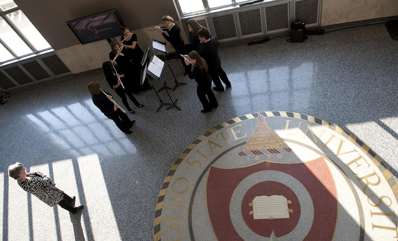 Lobby of Mershon Auditorium showing the university seal