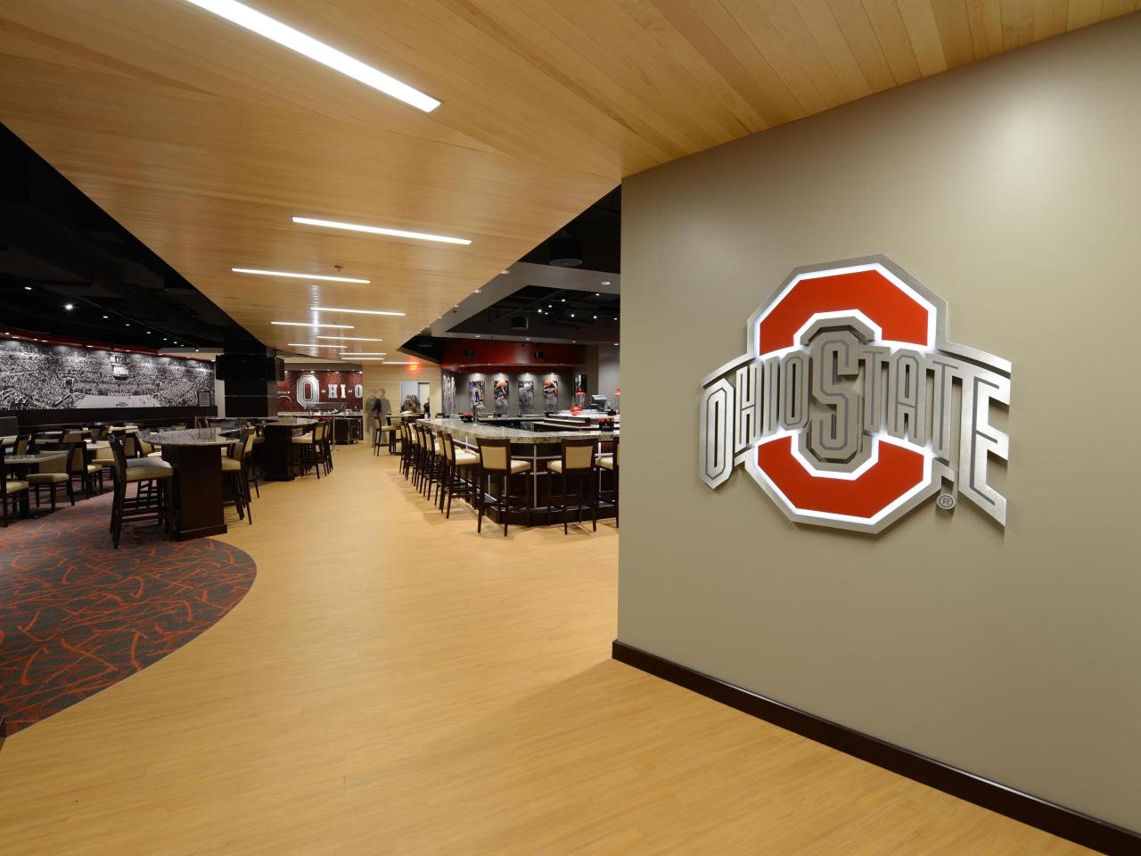 The Board Room showing seating and wall-mounted Ohio State logo